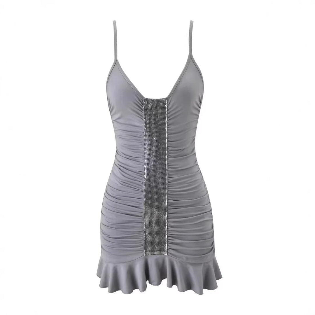 Damen verführerisches Minikleid mit Rüschensaum und glitzerndem Detail Drune