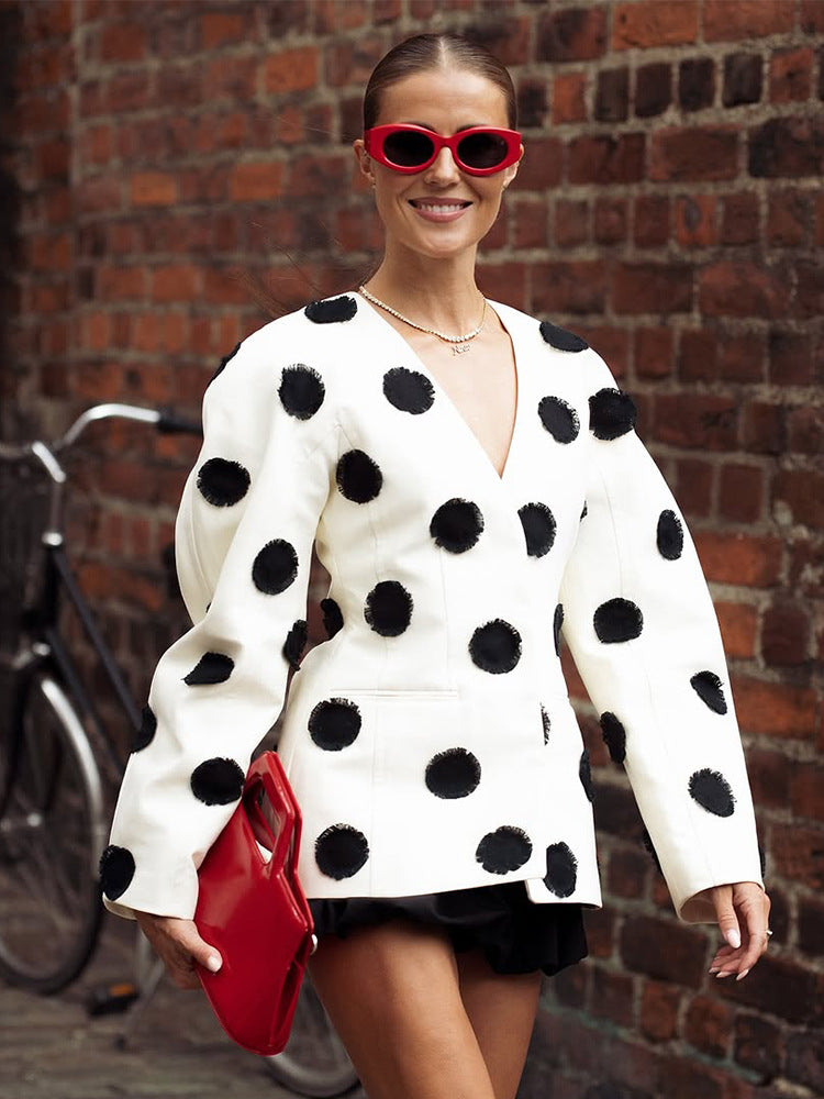 Damen modische Blazerjacke mit Puffärmeln und Punkten Drune
