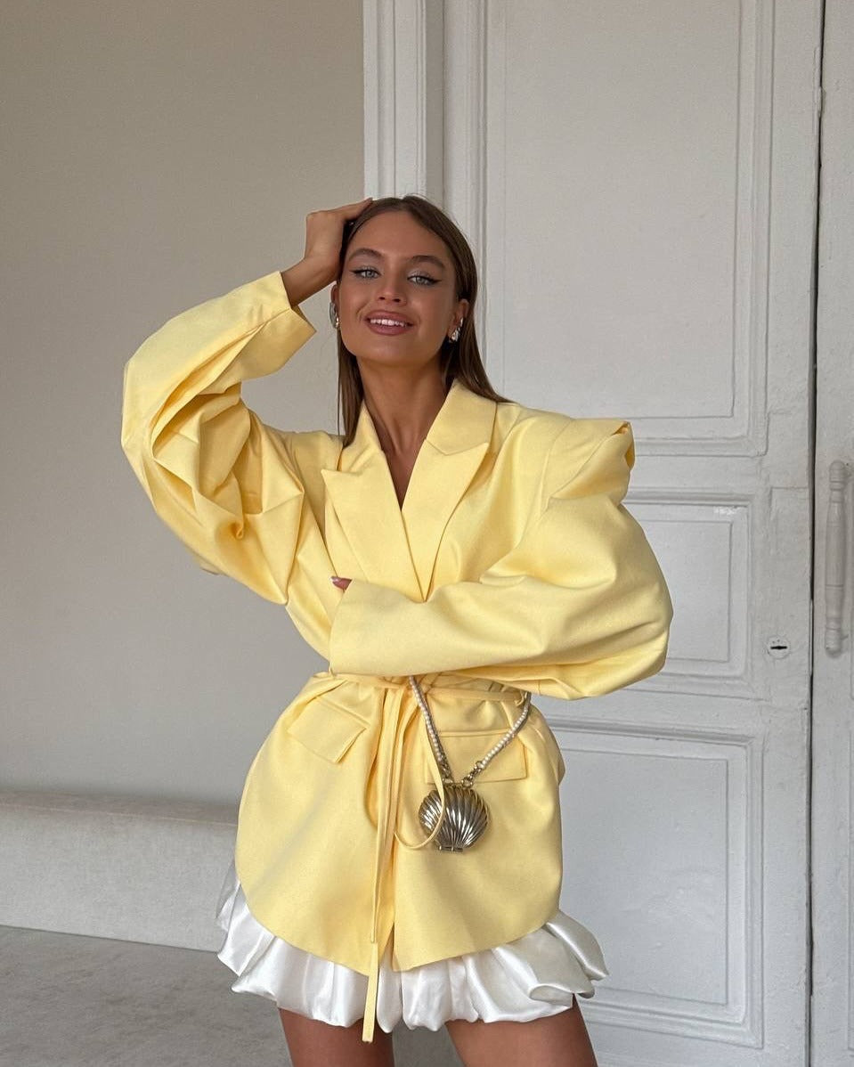 Damen Oversized Blazer mit Bindegürtel und praktischen Taschen Drune