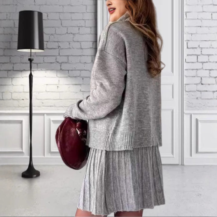 Damen Oversized Strickpullover mit hochwertiger Rippstruktur und passendem Minirock Drune
