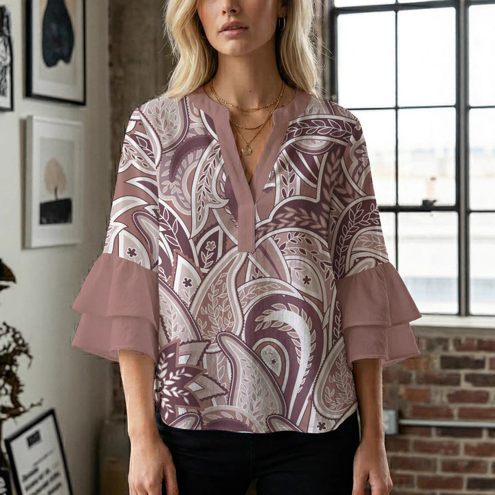 Damen Bluse mit voluminösen Rüschenärmeln und kreativem Floraldesign Drune