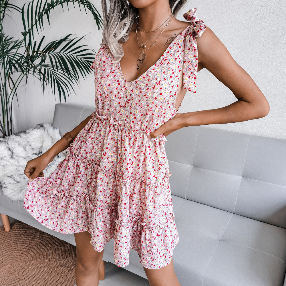 Damen luftiges V-Ausschnitt Sommerkleid mit Rüschendetails Drune