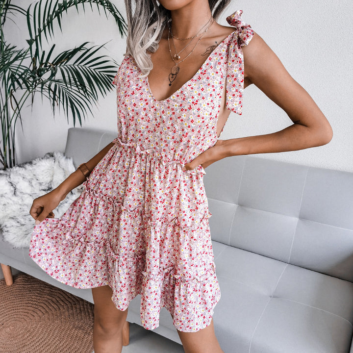 Damen luftiges V-Ausschnitt Sommerkleid mit Rüschendetails Drune