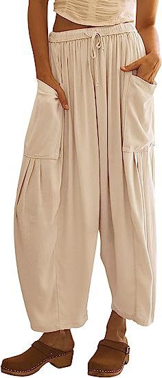 Damen nan weite Palazzohose aus leichtem Leinenmix mit Tunnelzug und seitlicher Tasche Drune