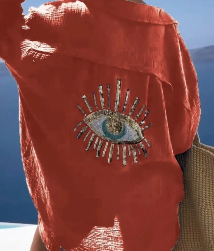 Damen lässige Bluse mit einzigartigem Augenmotiv und gestickten Akzenten Drune