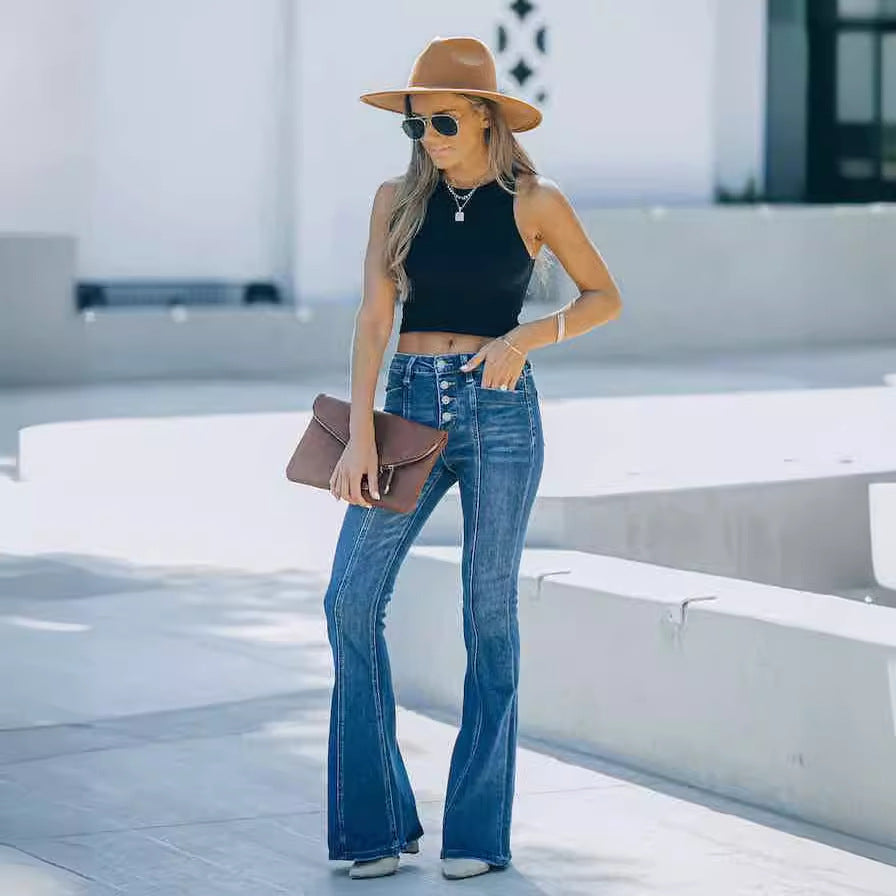 Damen High-Waist Bootcut Jeans mit eleganten Knopfdetails Drune