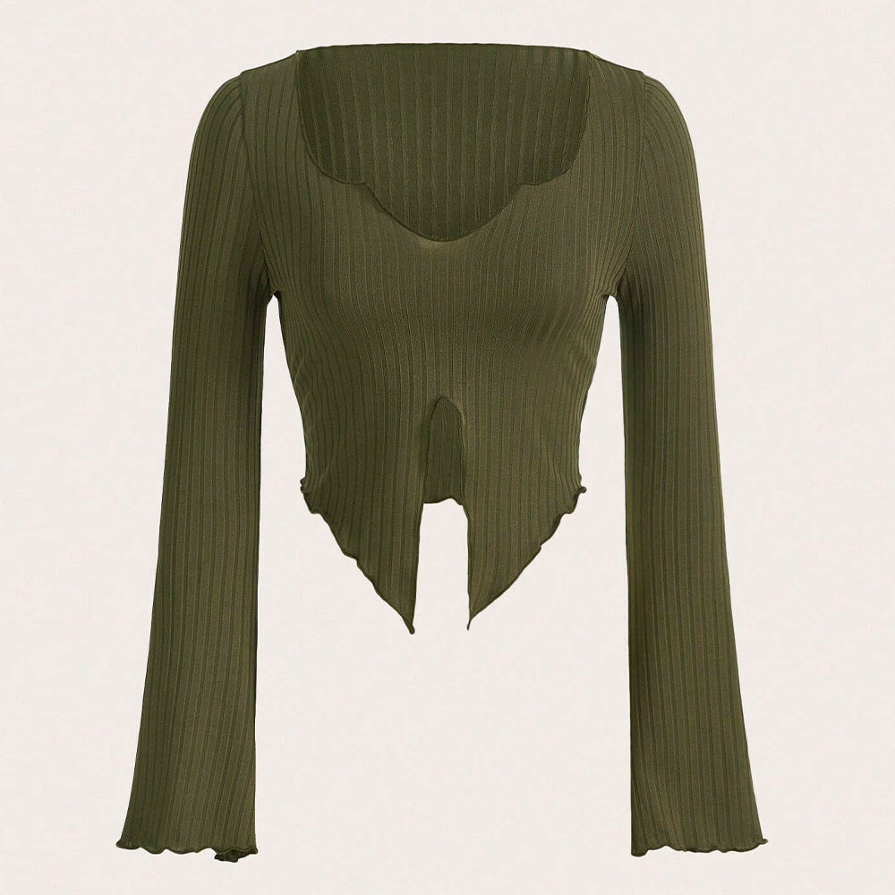 Damen cropped Langarmshirt mit asymmetrischem Saum und modischen Rüschendetails Drune