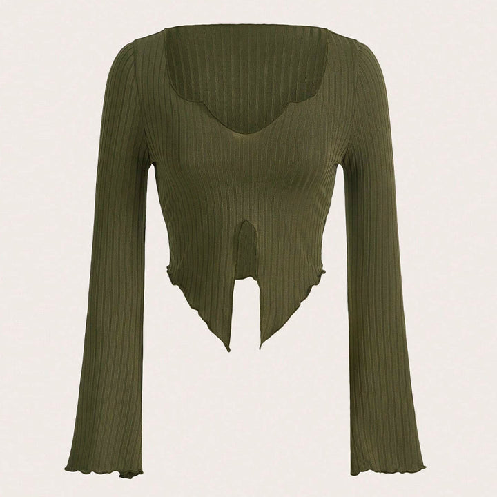 Damen cropped Langarmshirt mit asymmetrischem Saum und modischen Rüschendetails Drune