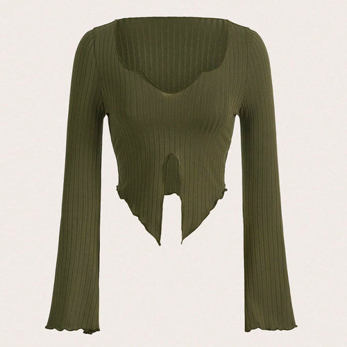 Damen cropped Langarmshirt mit asymmetrischem Saum und modischen Rüschendetails Drune