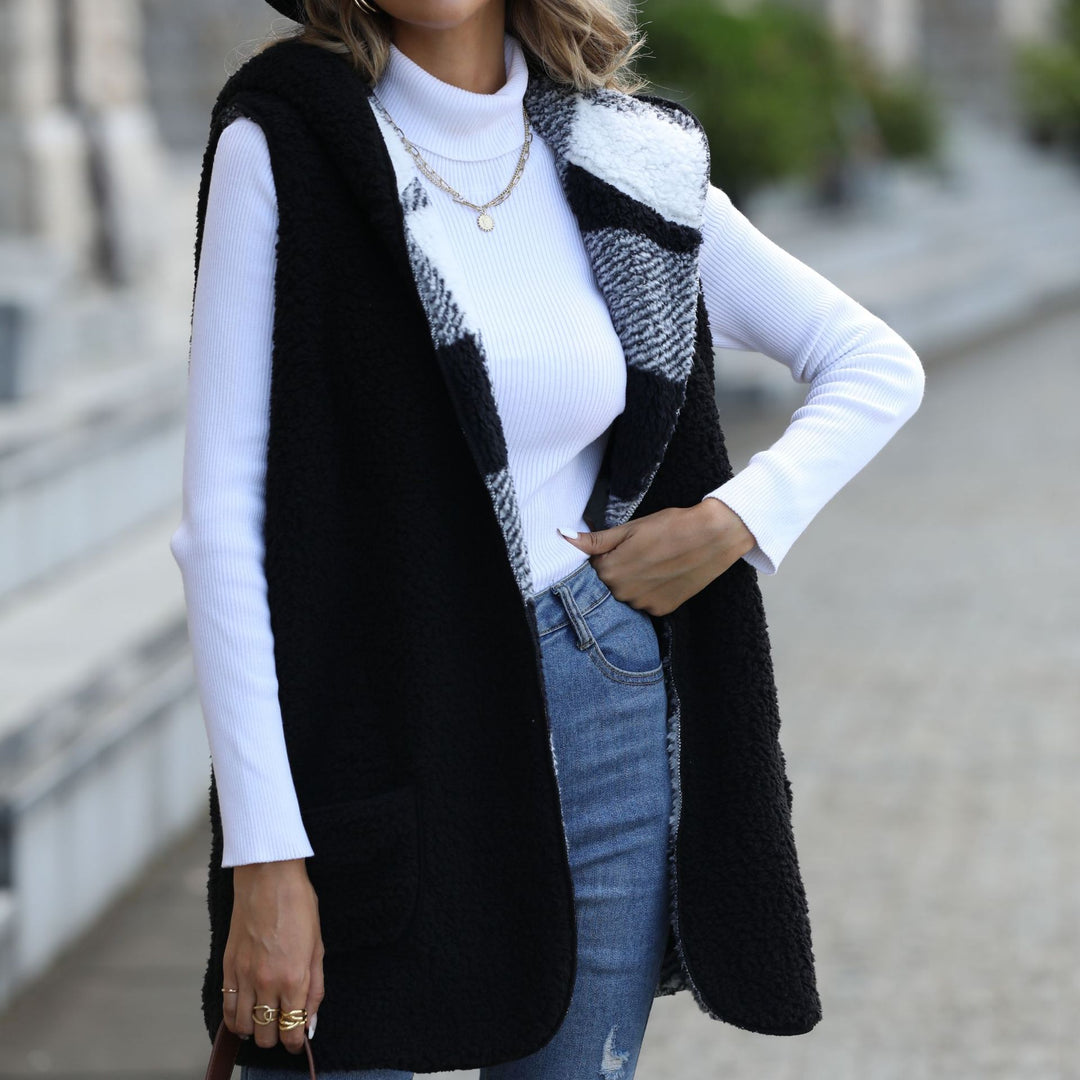 Damen Fleece-Weste mit Kapuze und Karomuster Drune