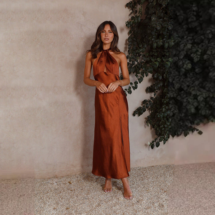 Damen Elegantes Wickelmaxikleid im Halterneck-Stil mit seitlichem Schlitz und Taillengürtel Drune