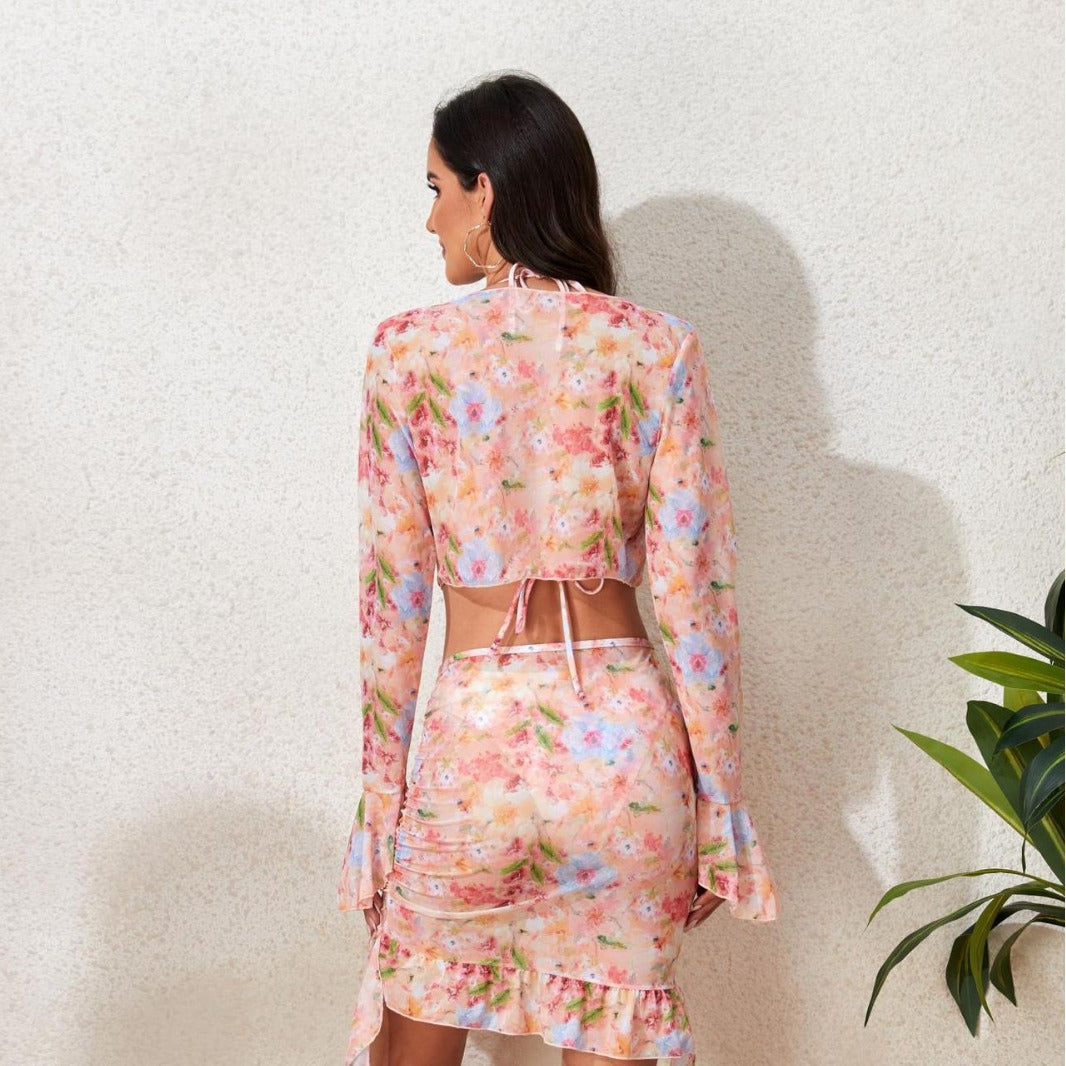 Damen Badeset mit floralem Design, kurzem Oberteil und Wickelrock Drune
