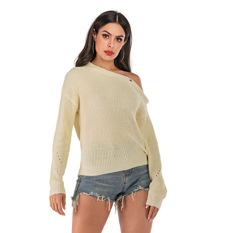 Damen eleganter Strickpullover mit lässigem Off-Shoulder-Design und modischen Knopfdetails Drune