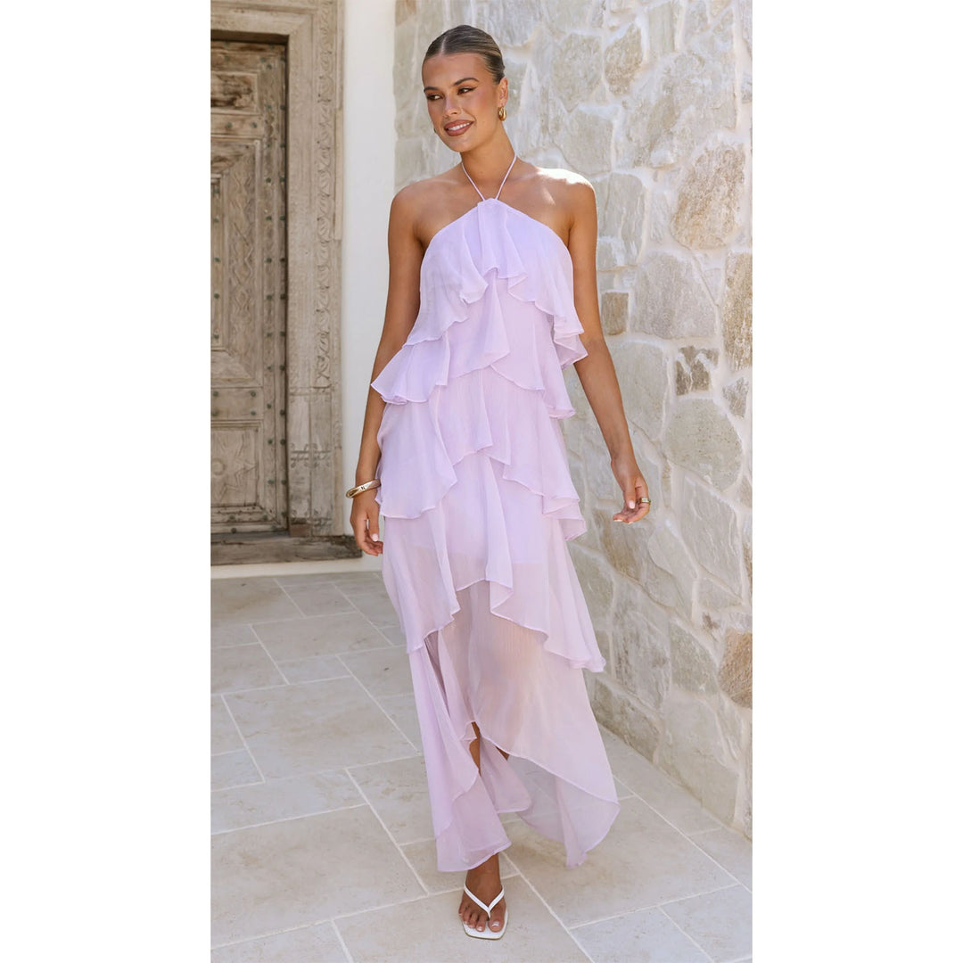 Damen Rüschen-Maxikleid mit asymmetrischem Design und elegantem Halteroberteil Drune