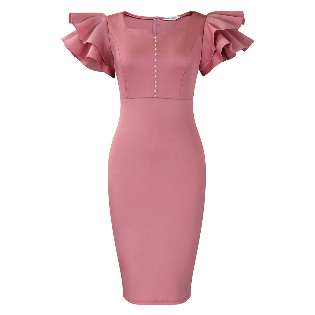 Damen figurbetontes Midi-Kleid mit voluminösen Rüschärmeln und Perlendetails Drune