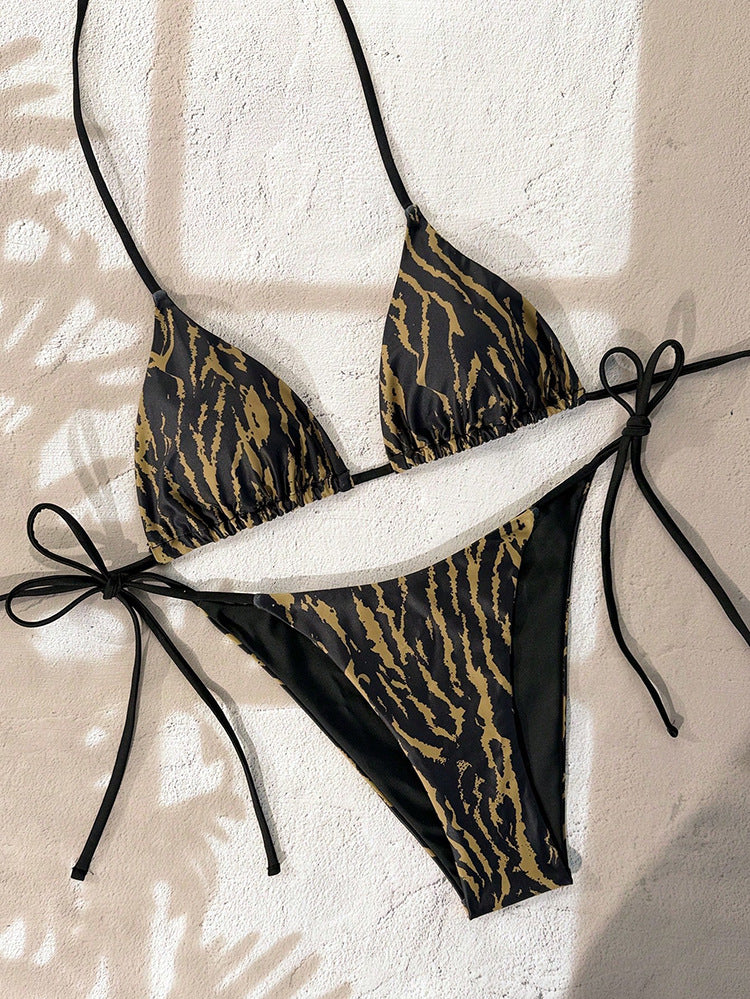 Damen Triangel-Bikini-Set mit verstellbaren Bindebändern und animalischem Design Drune