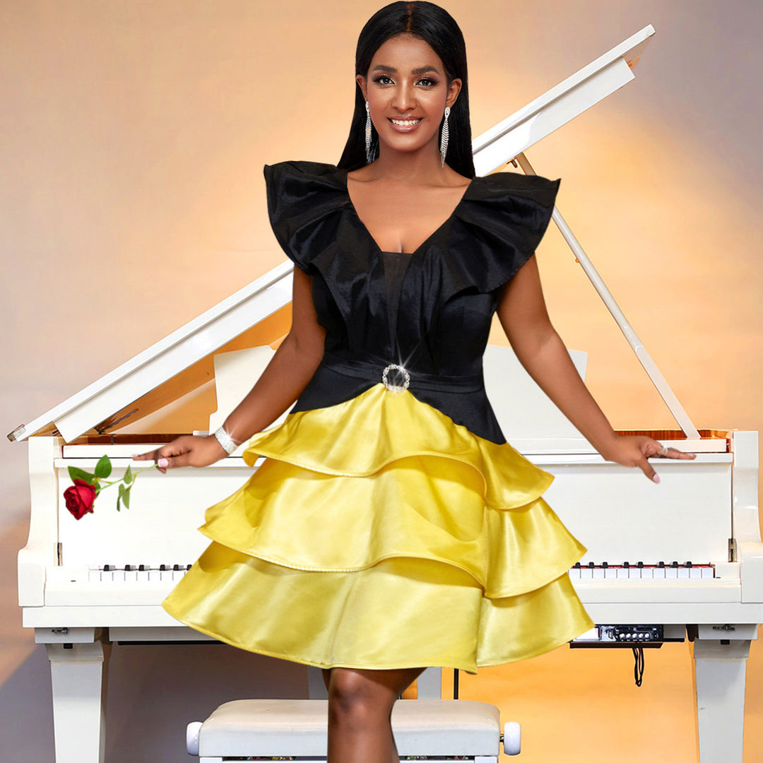 Damen Cocktailkleid mit voluminösem Rüschensaum und elegantem V-Ausschnitt Drune