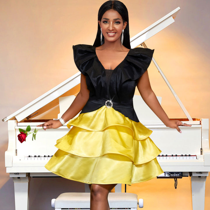 Damen Cocktailkleid mit voluminösem Rüschensaum und elegantem V-Ausschnitt Drune