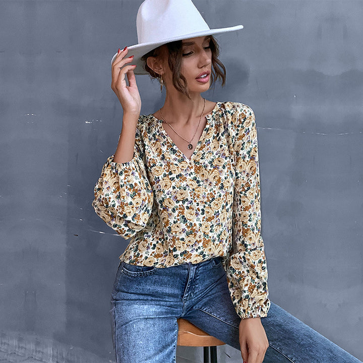 Damen Bluse mit floralen Mustern und gerafften Ärmeln Drune