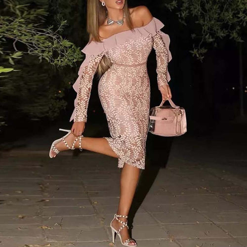 Damen Figurbetontes Spitzenkleid mit schulterfreiem Design und Rüschendetails Drune