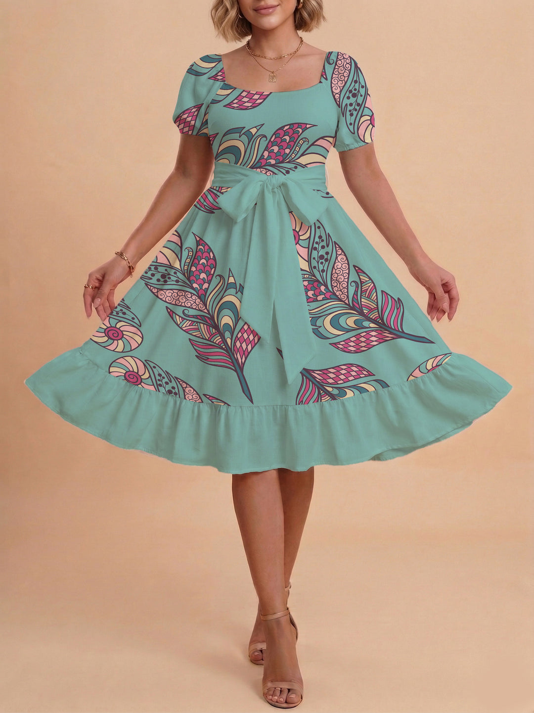 Damen modernes Blumenkleid mit elegantem Taillengürtel und asymmetrischem Saum Drune