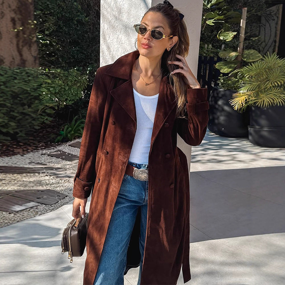 Damen Elegante Langzeit-Trenchcoat aus weichem Wildleder Drune