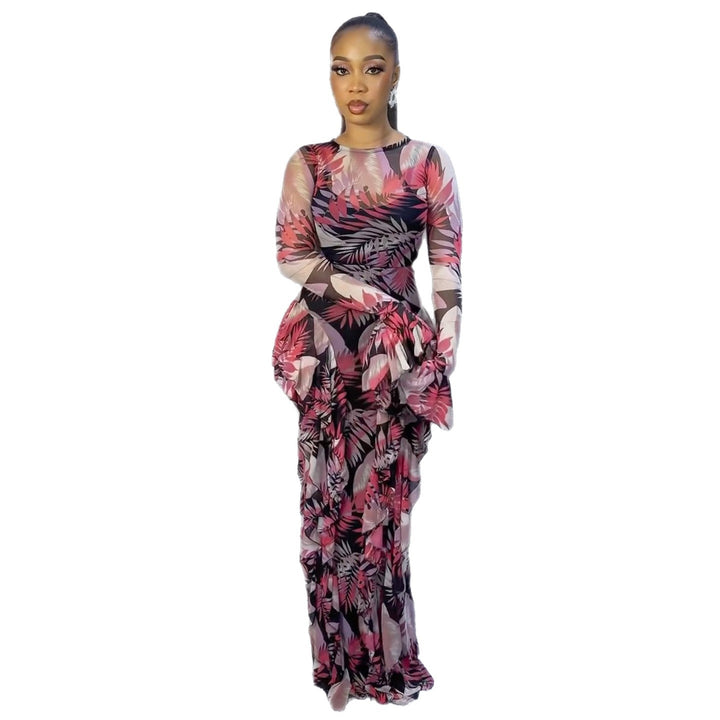 Damen Maxikleid mit transparenten Ärmeln und floralem Muster Drune