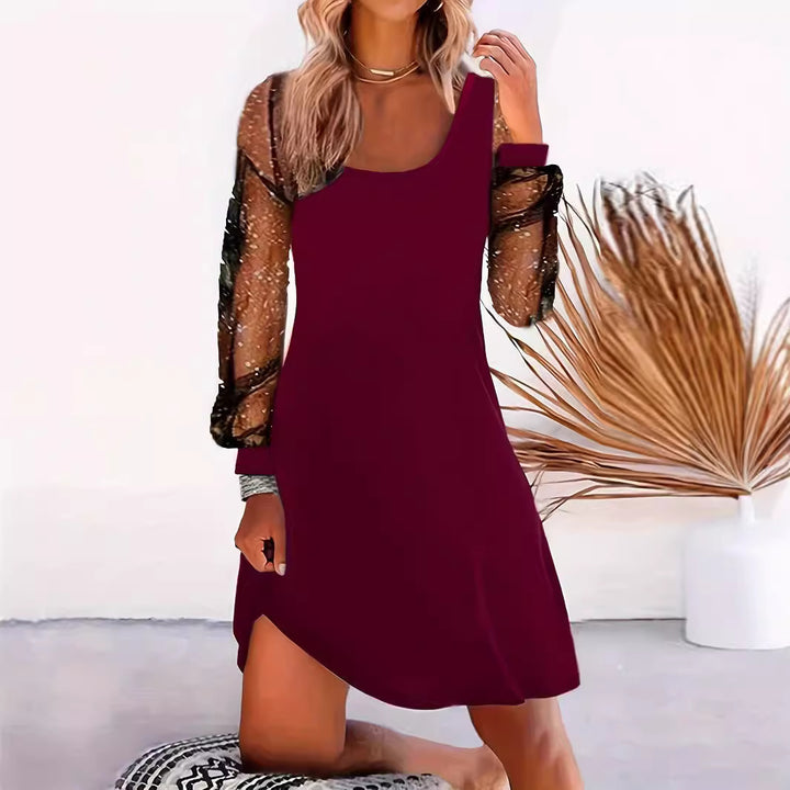 Damen asymmetrisches Kleid mit transparenten Puffärmeln und schimmernden Akzenten Drune