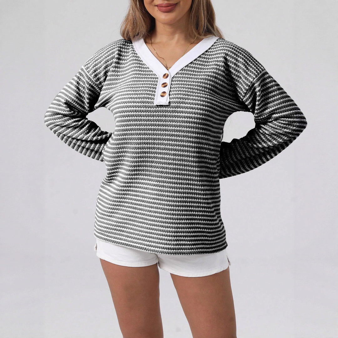 Damen lässiger Strickpullover mit schimmernden Streifen und kontrastierendem Kragen Drune