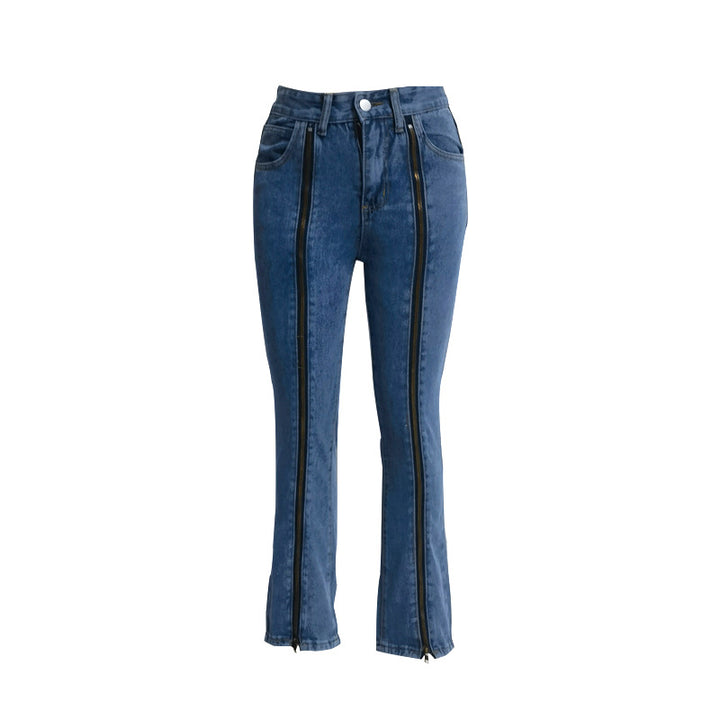 Damen nan Jeanshose mit durchgehenden Front-Reißverschlüssen, hoher vorderer Beinöffnung und ausgestelltem Schlag Drune