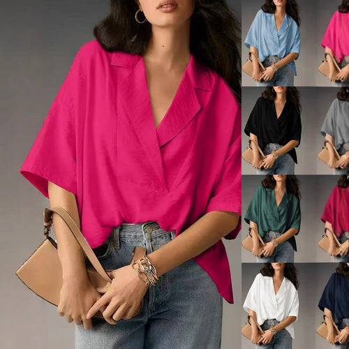 Damen lockeres Oversize-Blusenoberteil mit elegantem Kragen und V-Ausschnitt Drune