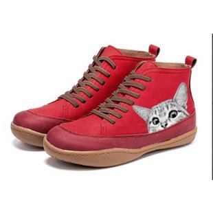 Damen High-Top Sneaker mit geprägtem Katzenmotiv weiches Kunstleder und gepolstertes Komfortfußbett Drune