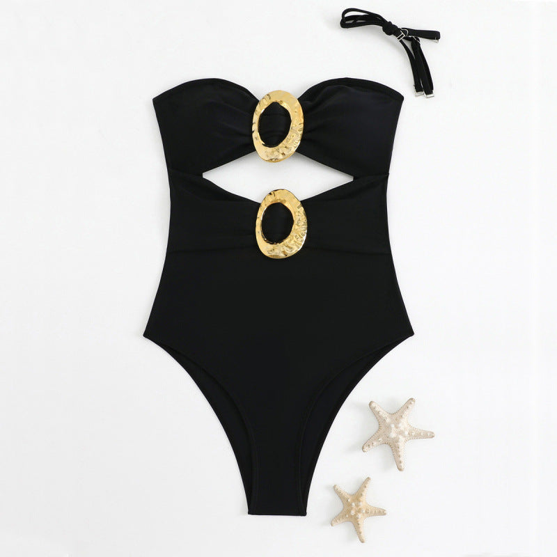 Damen Einteiliger Badeanzug mit modernen Cut-Outs und goldenen Akzenten Drune