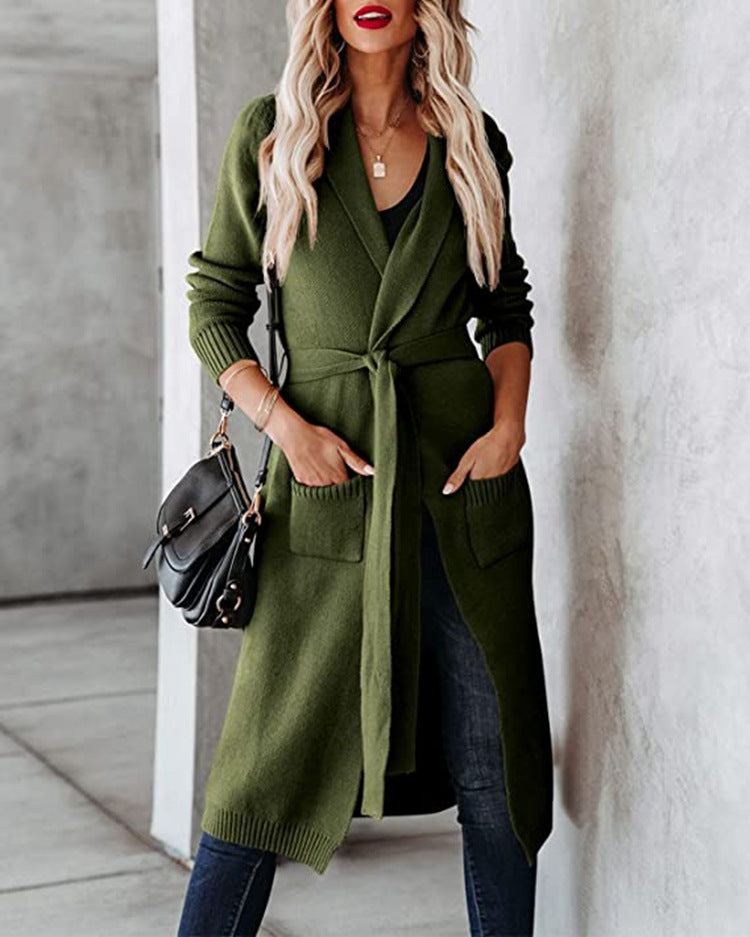 Damen Strickmantel mit praktischen Taschen und Gürtel Drune