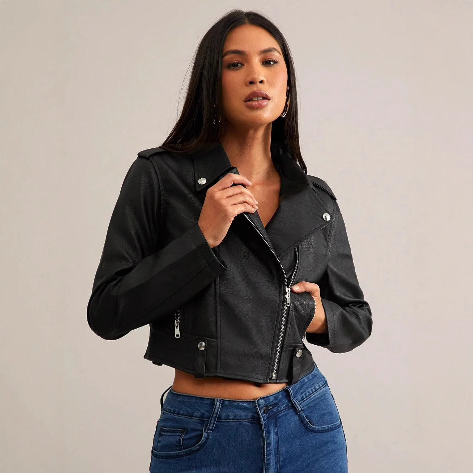 Damen modische Bikerjacke aus Kunstleder mit stilvollem Reißverschluss Drune