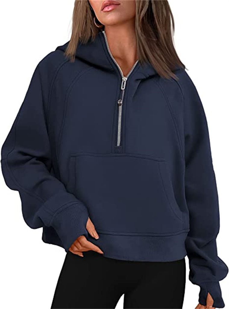 Damen Kapuzenpullover mit halbem Reißverschluss und praktischer Kängurutasche Drune