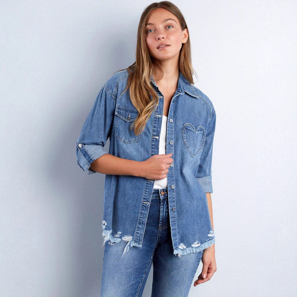 Damen Denim-Bluse mit Herz-Applikation und fransigem Saum Drune