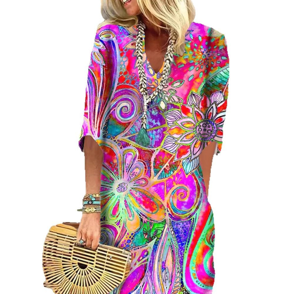 Damen nan luftiges Boho-Kaftankleid mit V-Ausschnitt, lockerem Fall und kurzen Fledermausärmeln Drune