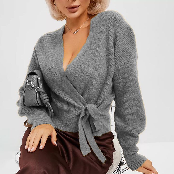 Damen Wickel-Strickjacke mit tiefem V-Ausschnitt und Bindegürtel Drune