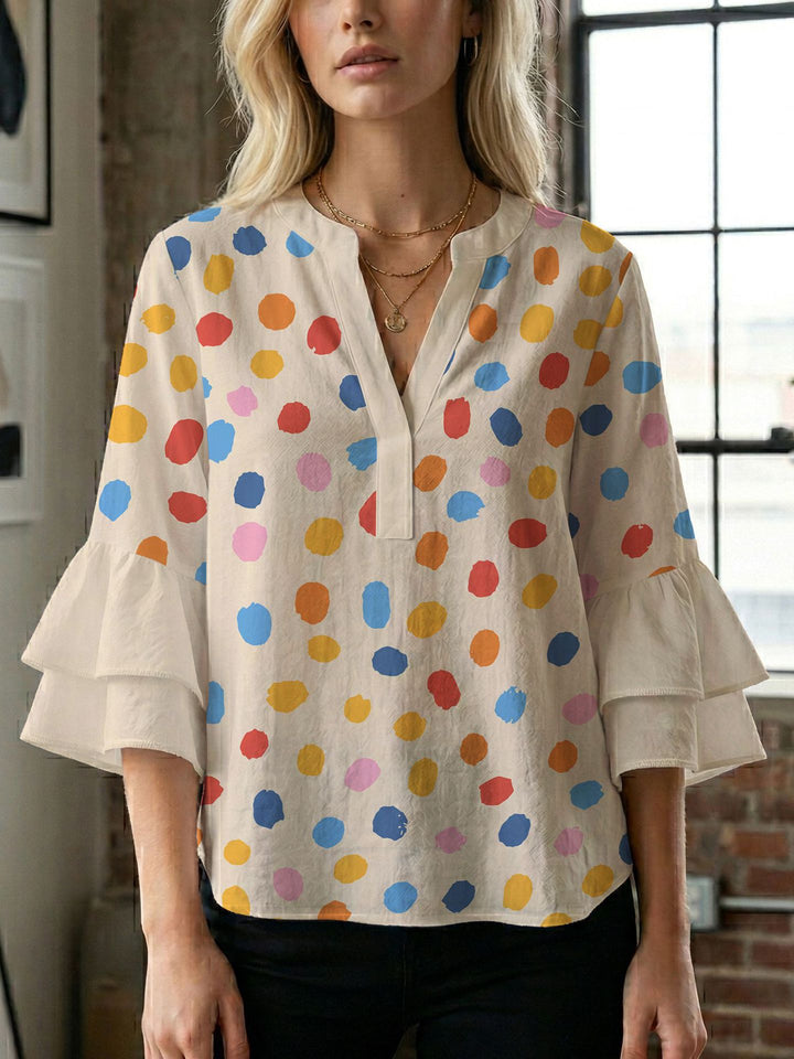 Damen Blusenshirt mit voluminösen Ärmeln und kreativem Druckdesign Drune
