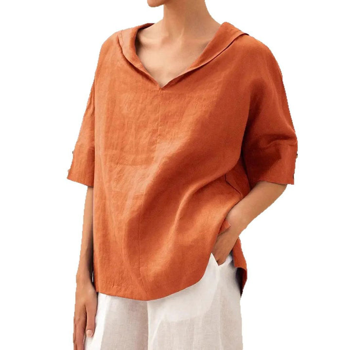 Damen lässige Leinenbluse mit Kapuze und kurzen Ärmeln Drune