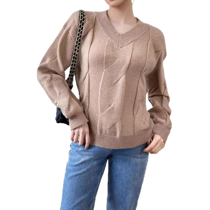 Damen Strickpullover mit modernem Zopfmuster und V-Ausschnitt Drune