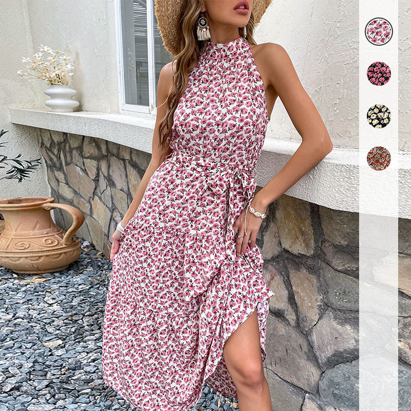 Damen Maxikleid mit floralen Rüschen und elegantem Taillengürtel Drune