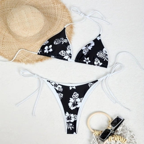Damen Triangel-Bikini mit floralem Muster und verstellbaren Bindebändern Drune