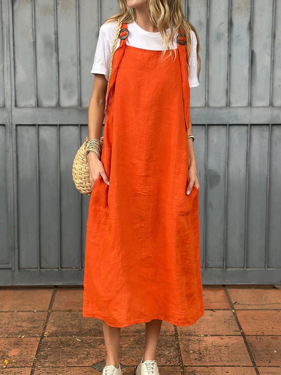 Damen Lässiges Leinenkleid mit verstellbaren Trägern und praktischen Taschen Drune