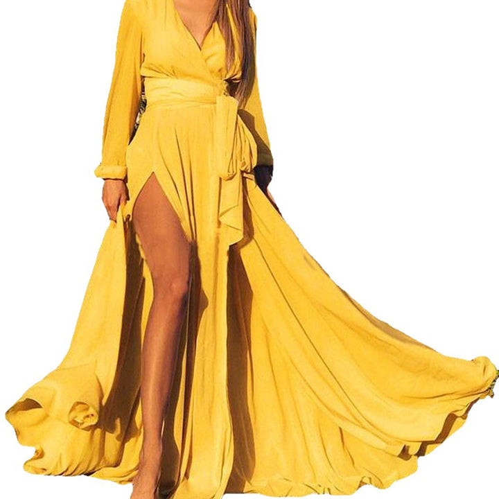 Damen Maxikleid mit tiefem V-Ausschnitt und elegante Seitenöffnung Drune