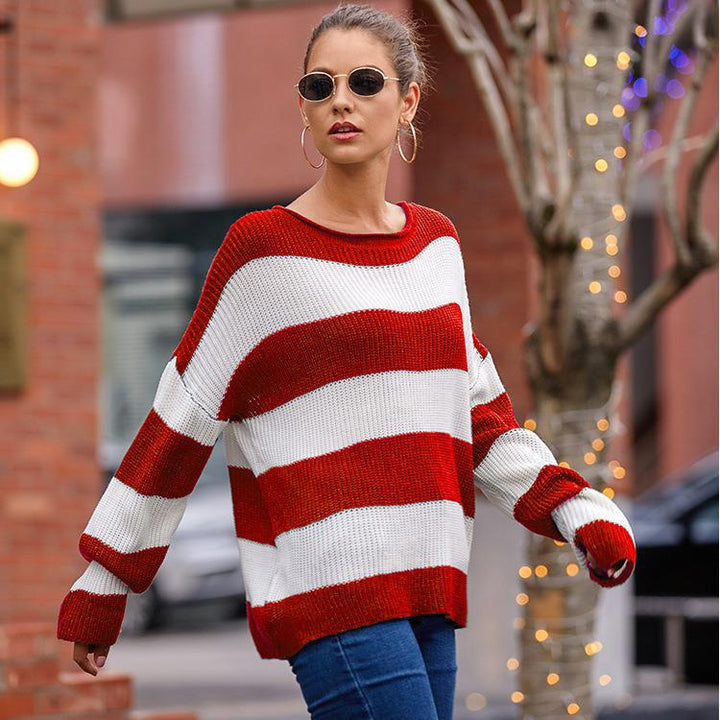 Damen gemütlicher Strickpullover mit modernem Streifenmuster und weitem Schnitt Drune