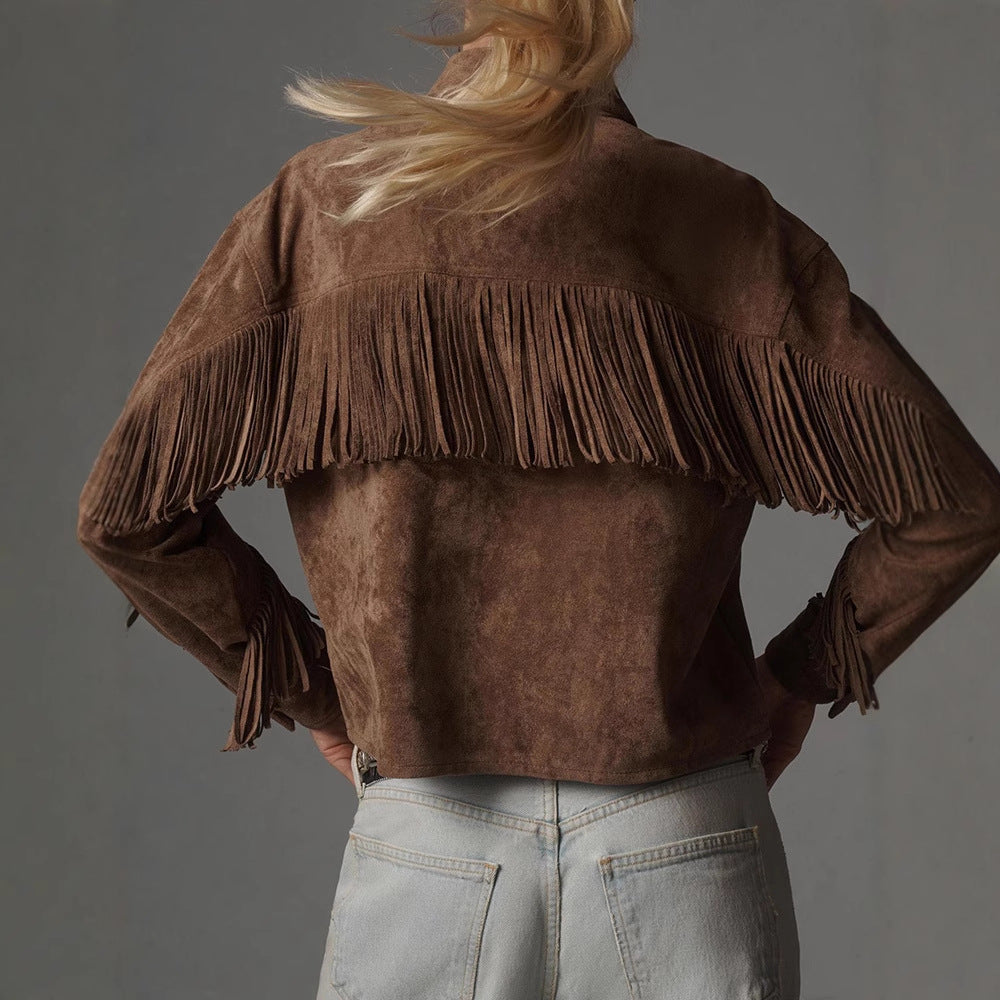 Damen Wildlederjacke mit Fransen und oversized Schnitt Drune