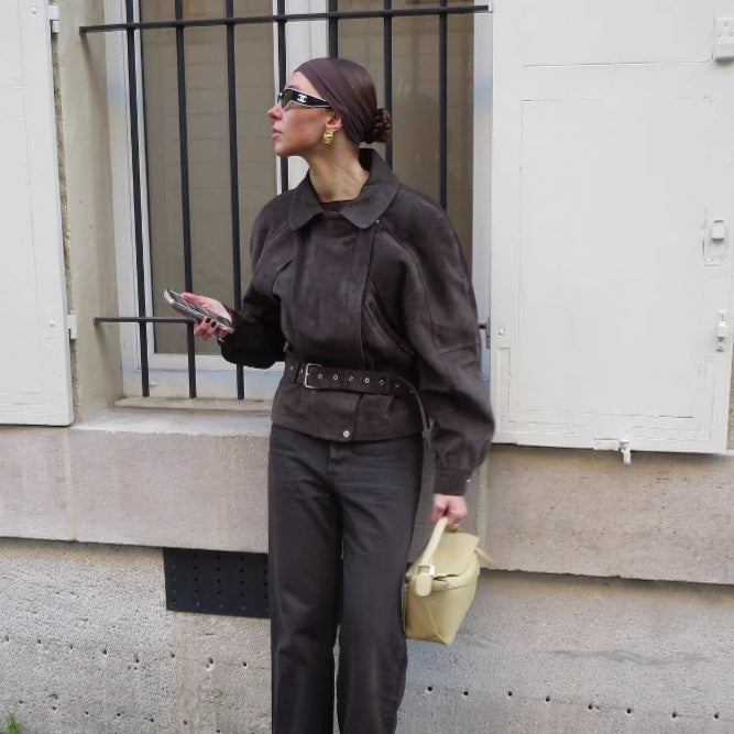 Damen Modische Wildlederjacke mit Taillengürtel Drune