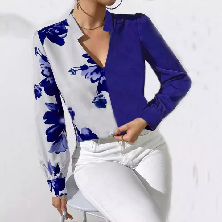 Damen Bluse mit einzigartigem floralen Muster und elegantem V-Ausschnitt Drune